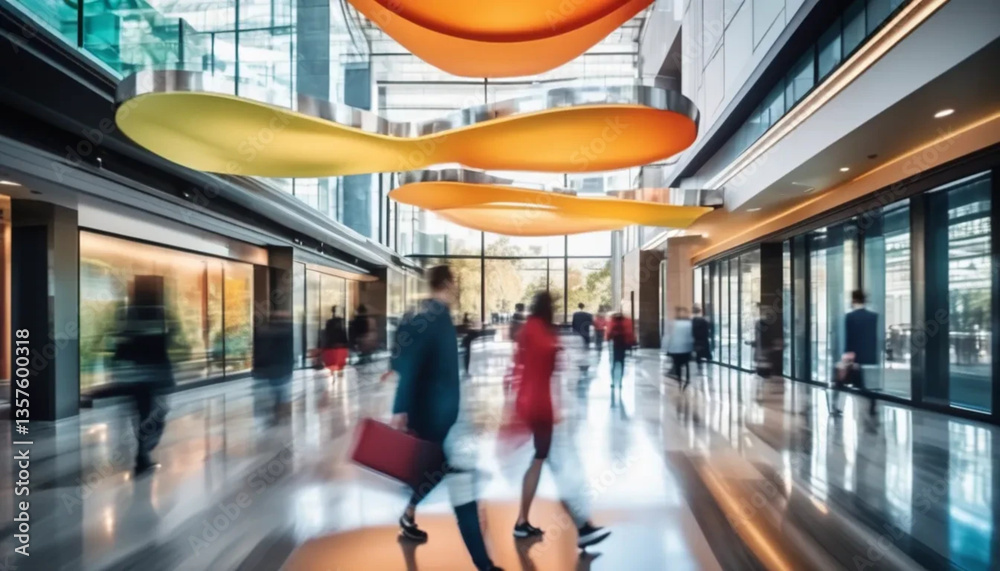 Fototapeta premium Blurred people walking in motion in modern lobby. 