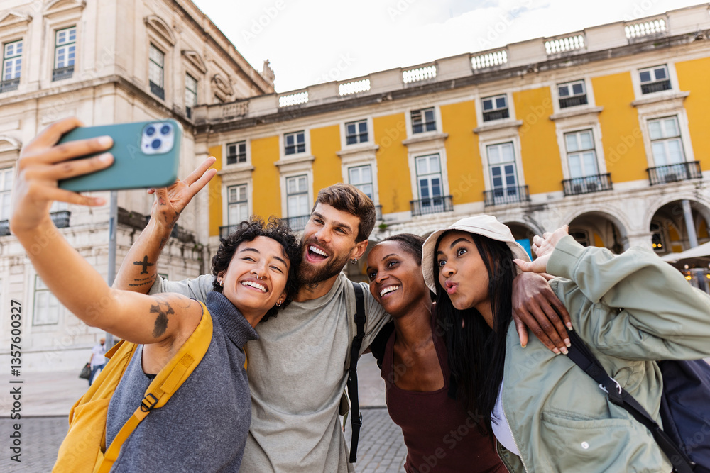Obraz premium Happy tourists taking selfie in lisbon, portugal, with smartphone