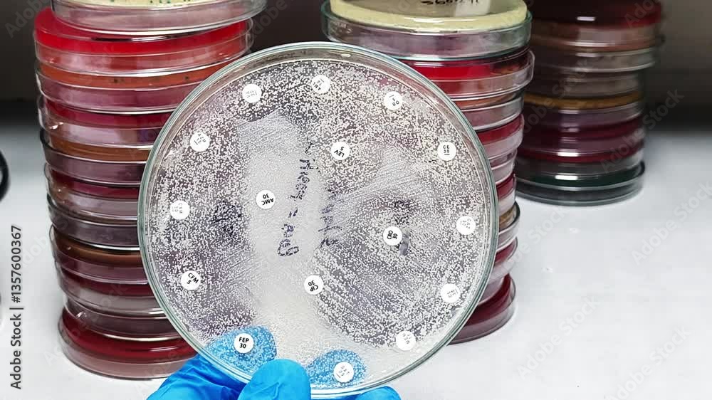 Medical Laboratory testing footage, Microbiologist holding petri dish for antibiotic susceptibility testing of Candida spp.