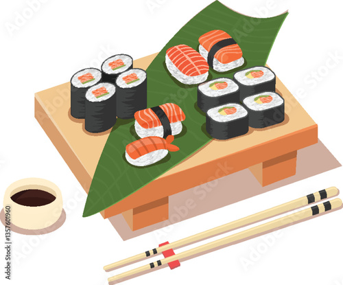 Sushi set with salmon nigiri, maki rolls and chopsticks on wooden tray