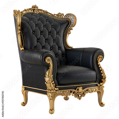 Luxurious Black Leather Throne Chair with Gold Detailing and Tufted Backrest on Transparent Background

