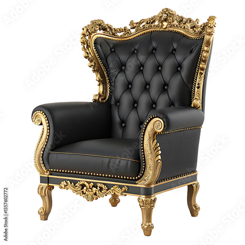 Luxurious Black Leather Throne Chair with Gold Detailing and Tufted Backrest on Transparent Background

