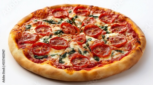 Delicious Pepperoni Pizza with Fresh Basil on a White Background