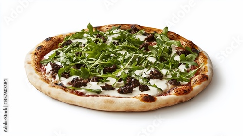 Delicious gourmet pizza with arugula and sausage on a white background