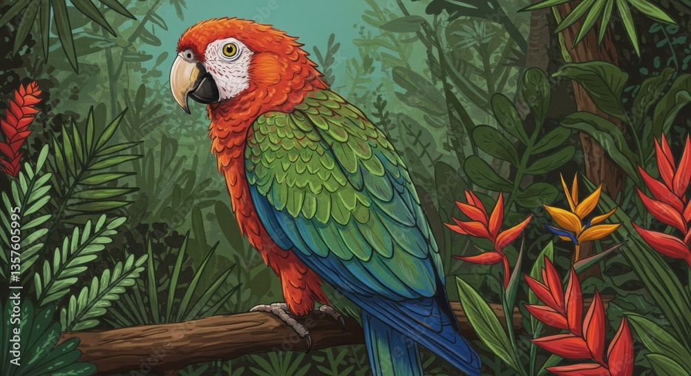 Obraz premium Vibrant macaw perched amidst a lush tropical jungle illustration scene