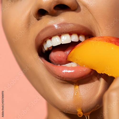A woman is eating a peach