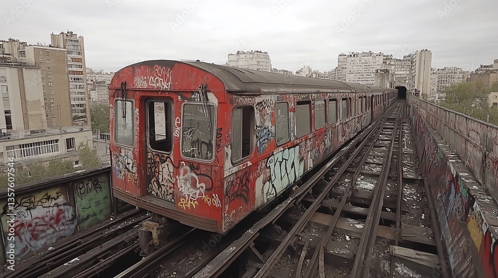 Obraz premium Abandoned graffiti-covered train car on elevated tracks