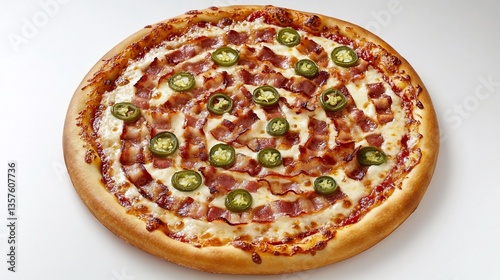 Delicious bacon and jalapeÃ±o pizza ready to eat on a white background