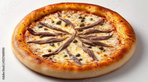 Delicious pizza with anchovies and capers on a white background closeup