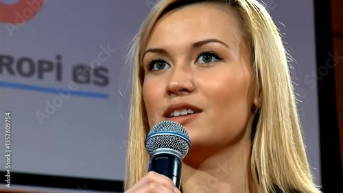The Power of Voice: A captivating blond woman confidently addresses the audience, microphone in hand, commanding attention with her articulate speech and poised presence. 