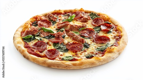 Delicious Pepperoni and Sausage Pizza with Fresh Basil on White Background