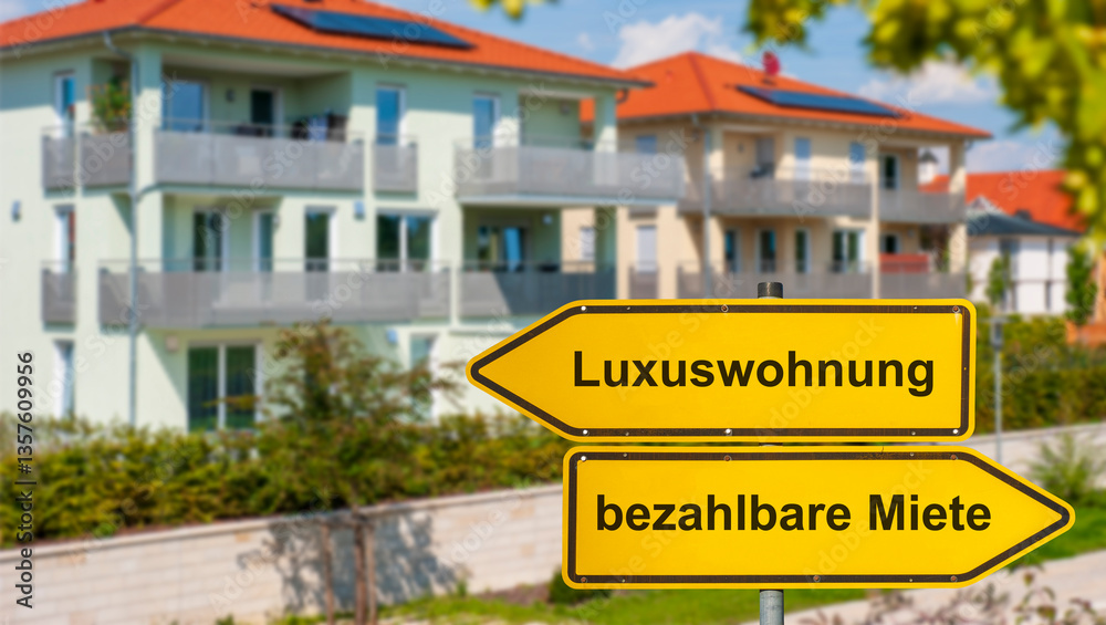 Ein Wegweiser mit der Aufschrift Luxuswohnung oder bezahlbare Miete steht vor einem Mehrfamilienhaus - FOTOMONTAGE