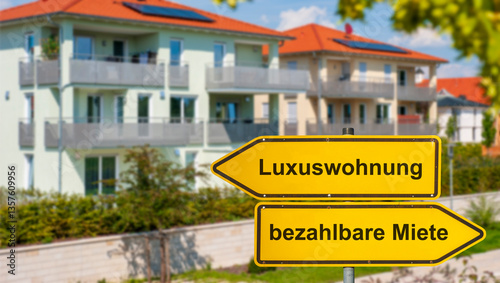 Obraz na płótnie Ein Wegweiser mit der Aufschrift Luxuswohnung oder bezahlbare Miete steht vor einem Mehrfamilienhaus - FOTOMONTAGE w salonie
