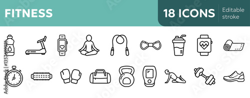 fitness icons for running, strength training, yoga, hydration, and recovery perfect for workout apps, gym logos and health platforms