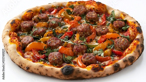 Delicious Meatball Pizza with Colorful Peppers and Fresh Basil Toppings