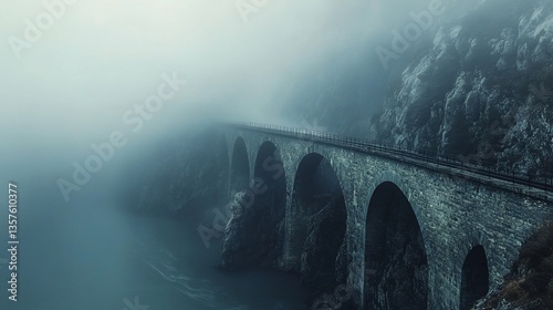 Mystical Landwasser Viaduct disappearing into the fog in Switzerland