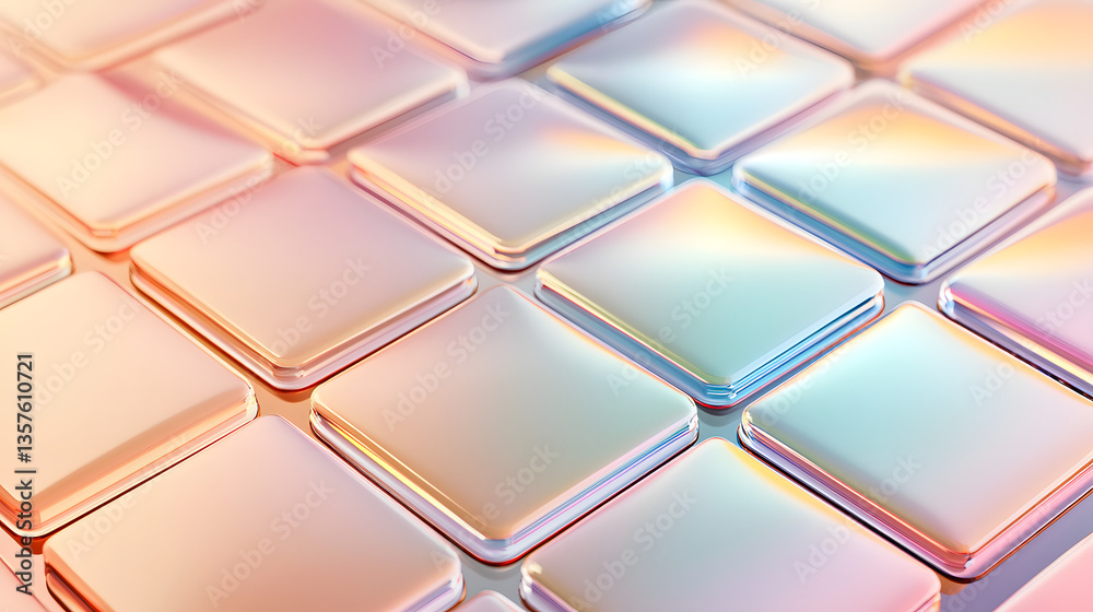 Geometric Elegance: A close-up view of a tessellated grid of iridescent, square-shaped tiles. The scene is bathed in soft light, creating a visually appealing display of texture, form. Geometric Elegance: A close-up view of a tessellated grid of iridescent, square-shaped tiles. The scene is bathed in soft light, creating a visually appealing display of texture, form.