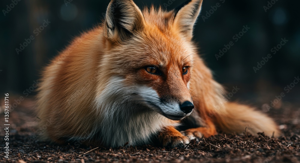 Fototapeta premium Captivating portrait of a magnificent red fox resting calmly on the forest floor