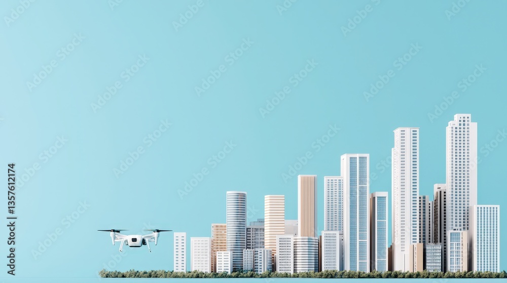 Naklejka premium Carbon-neutral cities renewable and innovation, A modern city skyline with a drone flying in the foreground, set against a clear blue sky, showcasing urban architecture and technology.
