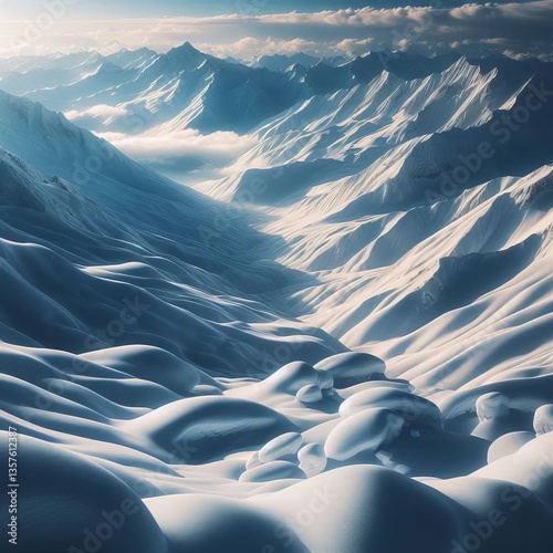Deep heavy snow that blankets mountainous terrains creating pict
