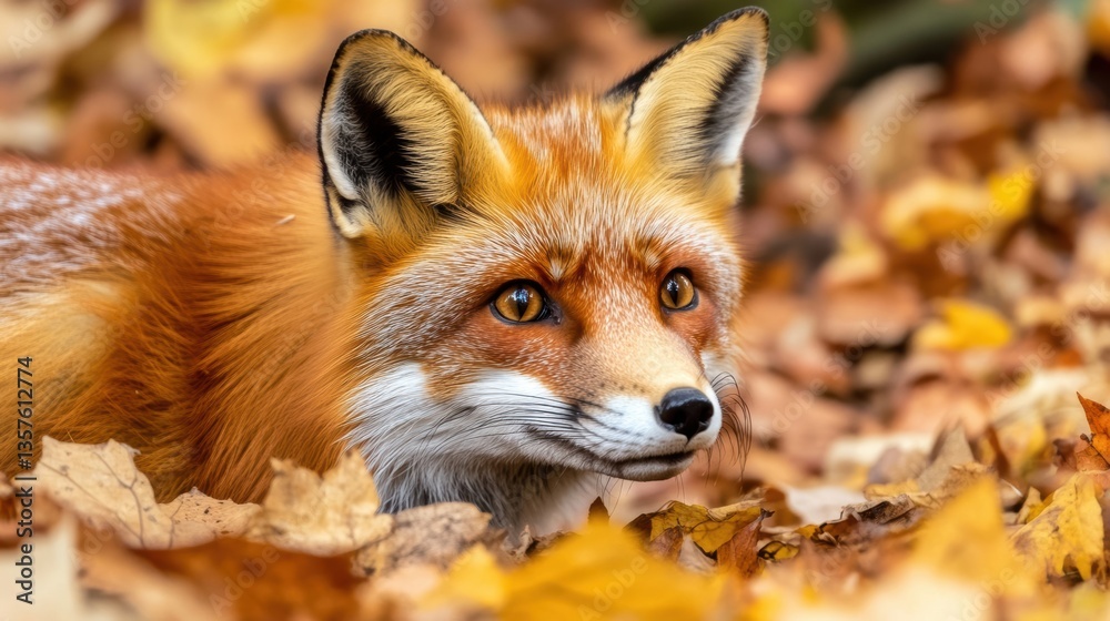 Fototapeta premium A close-up of a fox amidst vibrant autumn leaves, showcasing its striking fur and expressive eyes, Ideal for nature-themed projects, wildlife articles, or educational materials about ecosystems,