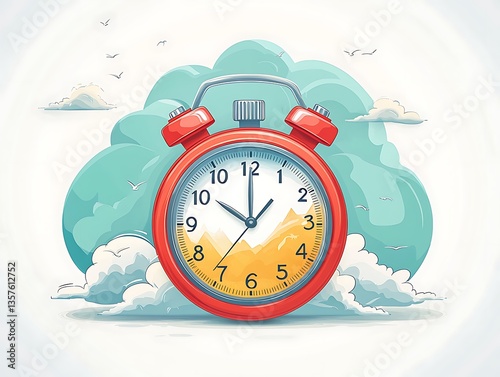 Red Alarm Clock Sky Clouds Time Management.