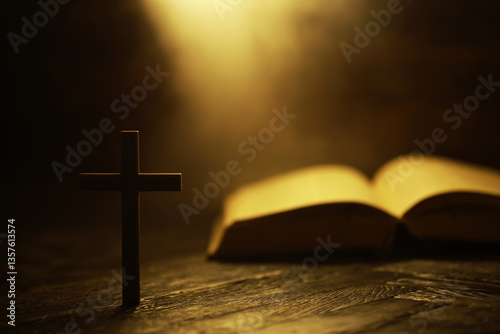 Schilderij op canvas Wooden Cross and Open Bible in Dim Lighting - Spiritual Symbolism and Religious