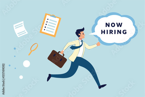 Job seeker, searching for new job, finding new work opportunity, discover vacancy, employment or human resource recruitment, hiring interview concept, businessman with magnifying glass finding job.