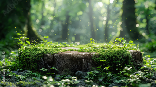 Moss covered log in a forest. The moss is green and the log is brown