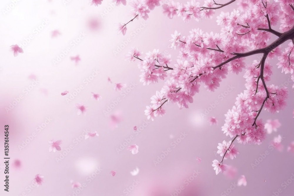 Fototapeta premium Delicate pink cherry blossoms gently sway against soft pink background, creating serene and tranquil atmosphere