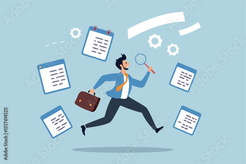 Job seeker, searching for new job, finding new work opportunity, discover vacancy, employment or human resource recruitment, hiring interview concept, businessman with magnifying glass finding job.