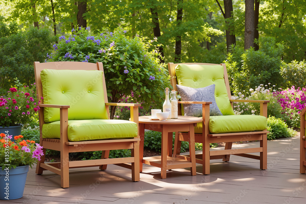 Obraz premium Charming Outdoor Cafe Seating Area – Wooden Deck with Comfortable Chairs and Colorful Garden for Summer Job Opportunities, Restaurant Hiring, and Seasonal Employment