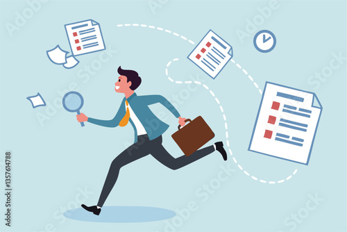 Job seeker, searching for new job, finding new work opportunity, discover vacancy, employment or human resource recruitment, hiring interview concept, businessman with magnifying glass finding job.