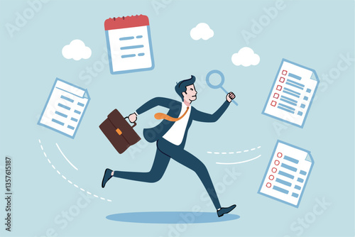Job seeker, searching for new job, finding new work opportunity, discover vacancy, employment or human resource recruitment, hiring interview concept, businessman with magnifying glass finding job.