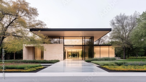 Wallpaper Mural Modern, minimalist home with a sleek facade, featuring large windows and a flat roof.  Exterior designed with warm-toned stone and dark accents. Landscaped gardens surround the home Torontodigital.ca