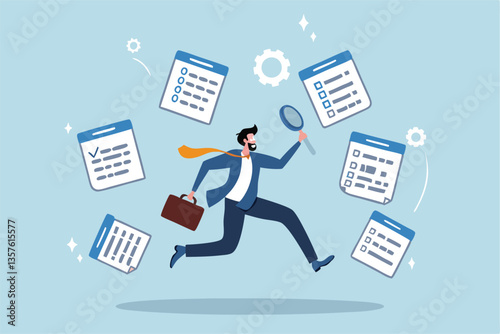 Job seeker, searching for new job, finding new work opportunity, discover vacancy, employment or human resource recruitment, hiring interview concept, businessman with magnifying glass finding job.