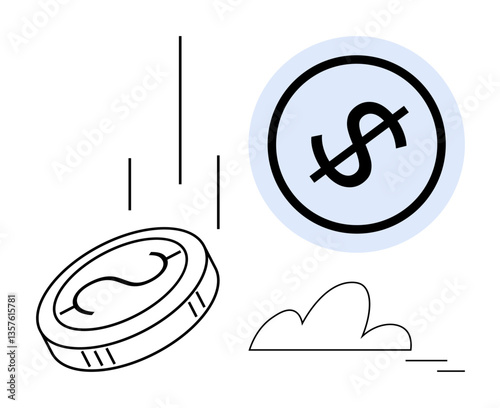 Coin descending with dollar sign and cloud accentuating currency, finance, and savings. Ideal for wealth, banking, economics, investment, business growth, money management and income in flat simple