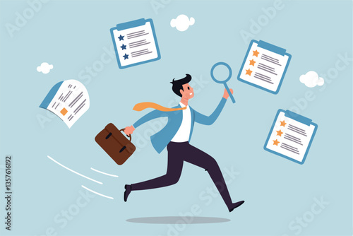 Job seeker, searching for new job, finding new work opportunity, discover vacancy, employment or human resource recruitment, hiring interview concept, businessman with magnifying glass finding job.