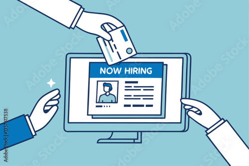 Job posting on recruitment website, employment or career opportunity online, HR or human resource offer help wanted or hiring position vacancy, HR hand posting job vacancy on online career website.