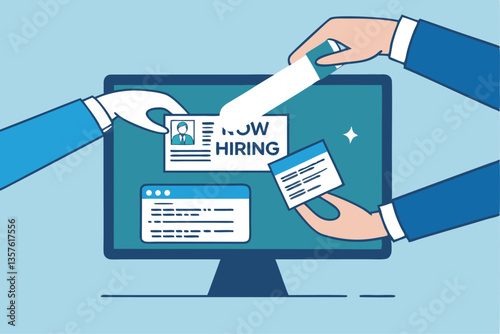 Job posting on recruitment website, employment or career opportunity online, HR or human resource offer help wanted or hiring position vacancy, HR hand posting job vacancy on online career website.