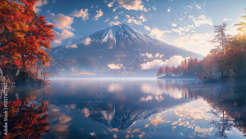 Wallpaper Mural Japanese mountain reflected in calm lake during autumn sunrise   Torontodigital.ca