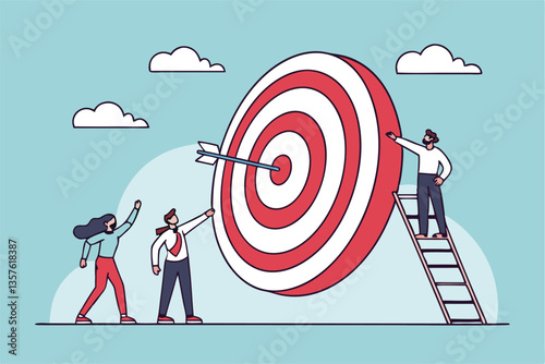 Climb corporate ladder to achieve career target, stair to reach work success, employee career path winning steps or achievement concept, business people employee queue to climb ladder to reach target.