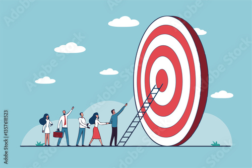 Climb corporate ladder to achieve career target, stair to reach work success, employee career path winning steps or achievement concept, business people employee queue to climb ladder to reach target.