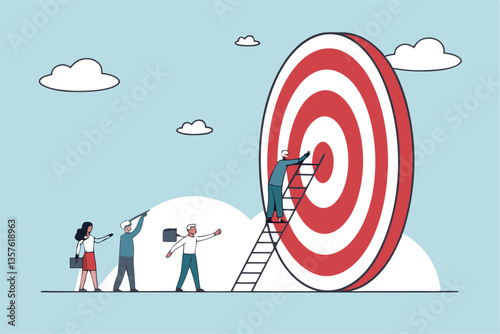 Climb corporate ladder to achieve career target, stair to reach work success, employee career path winning steps or achievement concept, business people employee queue to climb ladder to reach target.