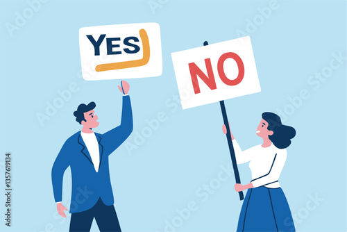 Yes, No argument or disagreement, conflict fight debate, dilemma, dispute or office rivalry war, struggle, negative discussion concept, businessman and woman arguing or fight with yes and no sign.