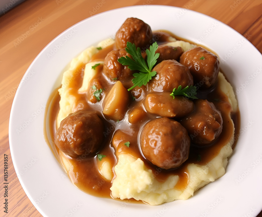 Swedish meatballs with mashed potatoes and brown gravy served on a plate in a cozy restaurant setting Swedish meatballs with mashed potatoes and brown gravy served on a plate in a cozy restaurant setting