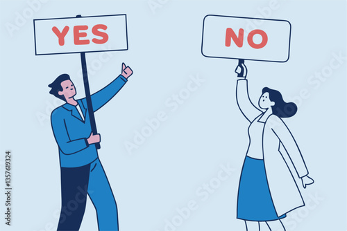 Yes, No argument or disagreement, conflict fight debate, dilemma, dispute or office rivalry war, struggle, negative discussion concept, businessman and woman arguing or fight with yes and no sign.