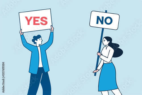 Yes, No argument or disagreement, conflict fight debate, dilemma, dispute or office rivalry war, struggle, negative discussion concept, businessman and woman arguing or fight with yes and no sign.