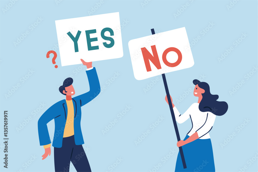 Yes, No argument or disagreement, conflict fight debate, dilemma, dispute or office rivalry war, struggle, negative discussion concept, businessman and woman arguing or fight with yes and no sign. Yes, No argument or disagreement, conflict fight debate, dilemma, dispute or office rivalry war, struggle, negative discussion concept, businessman and woman arguing or fight with yes and no sign.