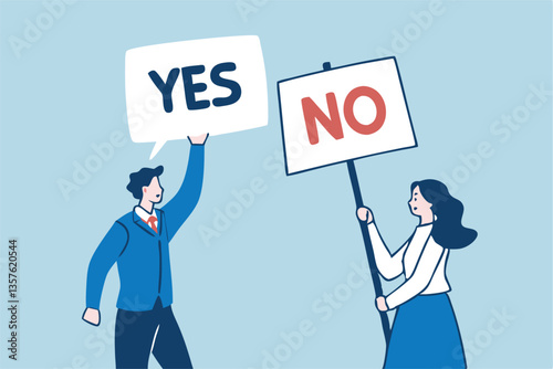 Yes, No argument or disagreement, conflict fight debate, dilemma, dispute or office rivalry war, struggle, negative discussion concept, businessman and woman arguing or fight with yes and no sign.